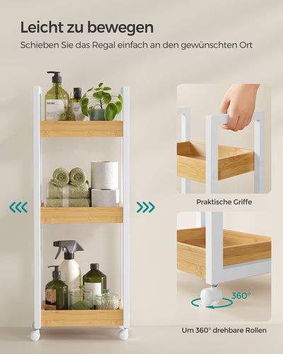 SONGMICS Rollwagen, Badregal, Badezimmerregal mit 3 Ebenen, Nischenregal Bambus, Regal schmal, Nischenwagen auf Rollen, platzsparend, 20 x 30 x 80 cm, weiß-naturfarben BCB083N02
