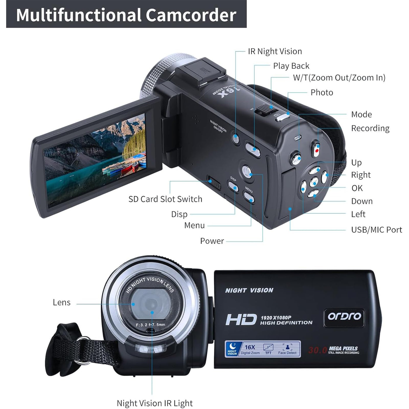 ORDRO V12 Videokamera Camcorder Full HD 1080P 30FPS Infrarot Nachtsichtkamera 3.0 Zoll LCD Bildschirm 16X Zoom Camcorder mit 16GB Memory Karte Fernbedienung und 2 Akkus