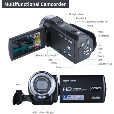 ORDRO V12 Videokamera Camcorder Full HD 1080P 30FPS Infrarot Nachtsichtkamera 3.0 Zoll LCD Bildschirm 16X Zoom Camcorder mit 16GB Memory Karte Fernbedienung und 2 Akkus