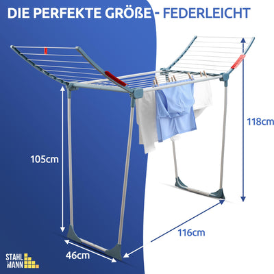 STAHLMANN ® Wäscheständer [18M Trockenfläche ] - Flügelwäscheständer [Made IN EU] 1,05 M Flügel ideal für Lange Kleidungsstücke - Wäscheständer platzsparend