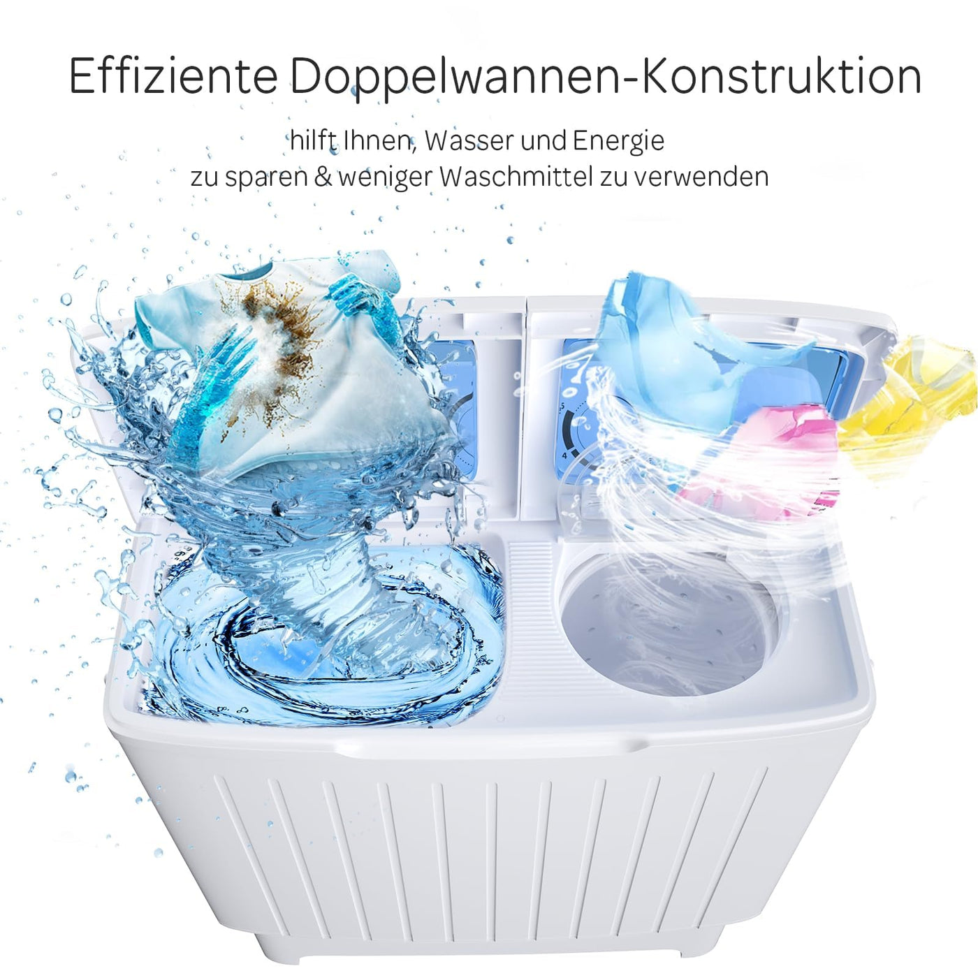 RELAX4LIFE Mini Waschmaschine mit Schleuder, 5KG Waschkapazität+3KG Schleuderkapazität, Waschautomat mit 2 Kammern & Timer, Camping Waschmaschine für Wohnwagen Kleine Wohnräume