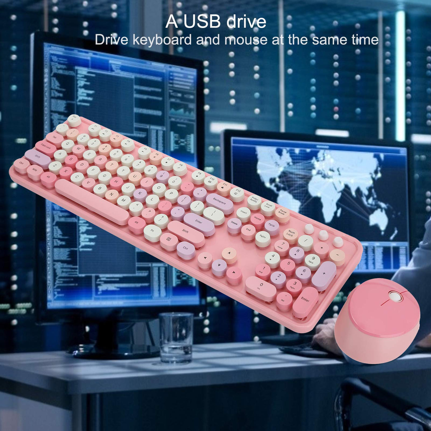 T opiky Wireless Keyboard Mouse Set, Full-Size Wireless Keyboard Mouse Combo, 2,4 GHz 104-Tasten-Retro-Tastatur und 1600 DPI einstellbare Maus für PC-Desktop-Computer Laptop(Rosa)