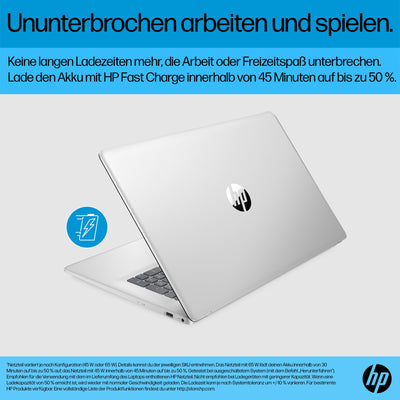 HP Laptop mit 17,3 Zoll FHD Display, Intel Core 3 100U, 8 GB DDR4 RAM, 512 GB SSD, ‎Intel Graphics, Windows 11, QWERTZ Tastatur, Silber