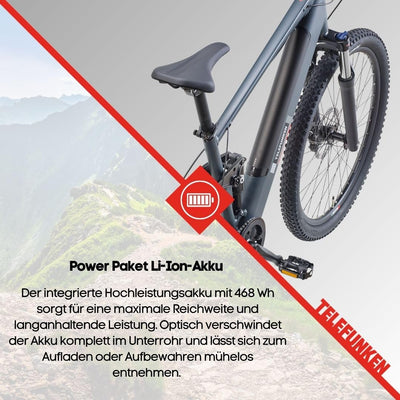 TELEFUNKEN E-Bike Mountainbike Elektrofahrrad Alu, 8 Gang Kettenschaltung - Pedelec MTB 27,5 Zoll, Hinterradmotor, 250W, Hydr. Scheibenbremsen, Grau, Aufsteiger M936