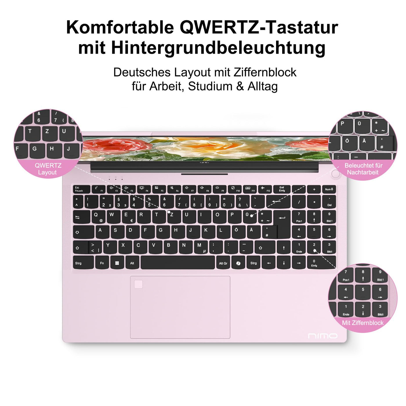 NIMO Roségold Laptop 15,6 Zoll Full HD: 16GB RAM, 1TB SSD, Intel N100, WLAN-Konnektivität, USB-C 65W, Fingerabdruck, Beleuchtete Tastatur, Leichter Computer für Arbeit & Studium