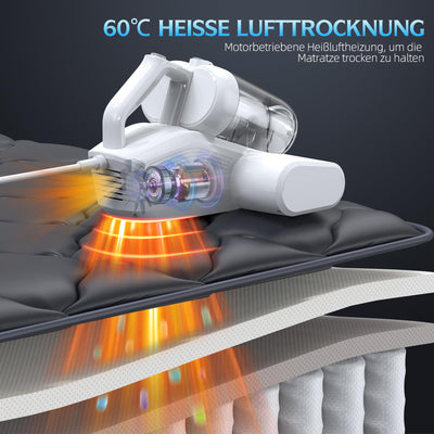 Milbensauger für Matratzen Milbenstaubsauger mit 253.7nm UV-C Licht 16Kpa Absaugung HEPA Filter Heißer Wind Funktion 40000 Rpm/Min Bürstenrolle Bett-Staubsauger Entfernt 99,9% Allergene 600W Weiß