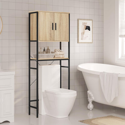 EUGAD Waschmaschinenschrank, Waschmaschinenregal Regal über Waschmaschine Toilette, Toilettenregal mit Schrank Verstellbarer Ablage, Badregal aus Holzwerkstoff Metall, 64,5x170x27 cm