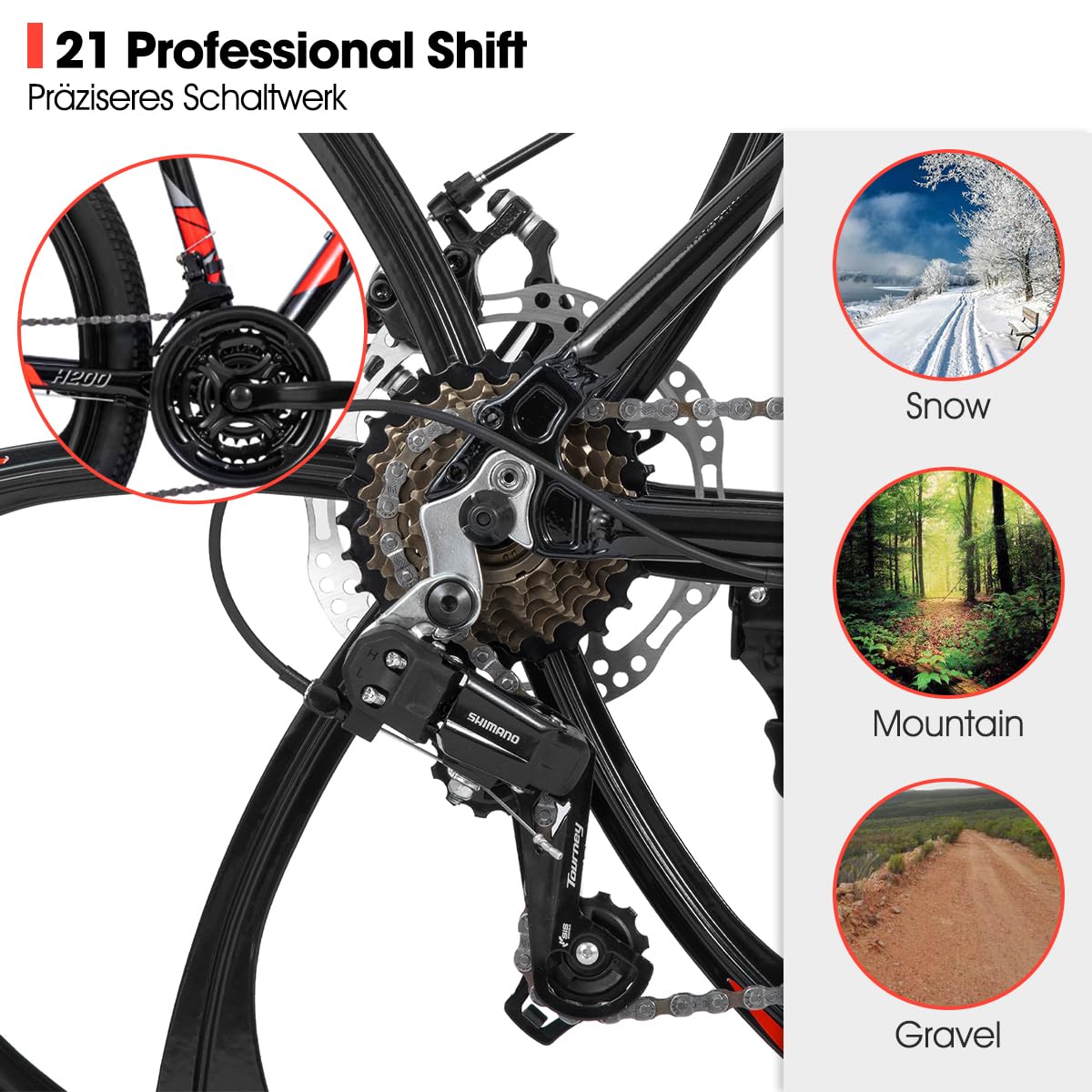 Hiland Mountainbike, 6 Speichen, 21 Gänge Schaltung, Aluminium Rahmen 26 Zoll Räder, Scheibenbremse Fahrrad für Männer Frauen Herren MTB-Fahrrad, Schwarz