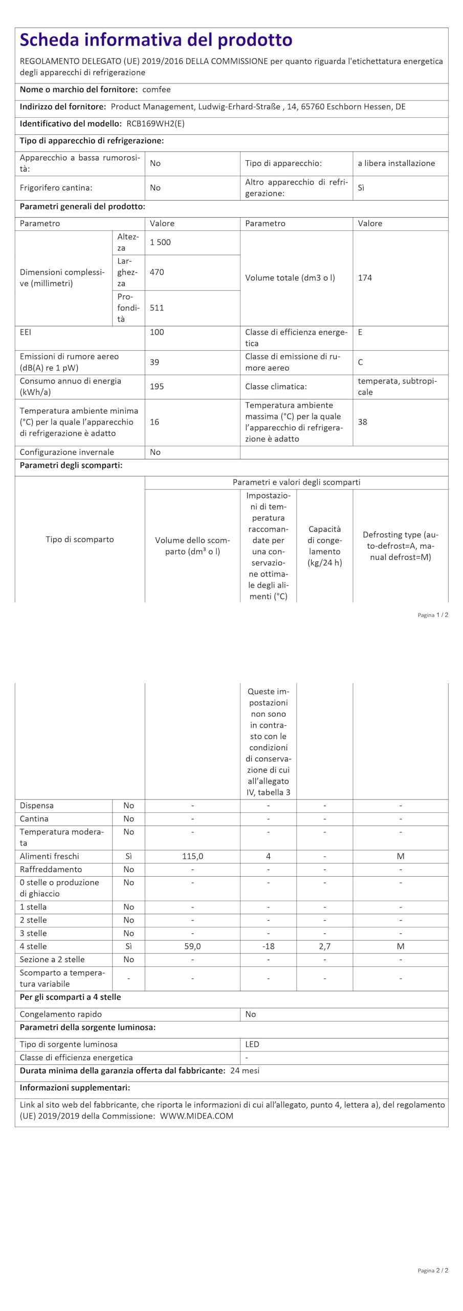 Comfee RCB169WH2(E) Kühl-/Gefrierkombination/150 cm Höhe/Low Frost/Einstellbare Kühlschranktemperatur/LED-Licht/195 kWh/Jahr/115L Kühlteil/59L Gefrierteil/Weiß