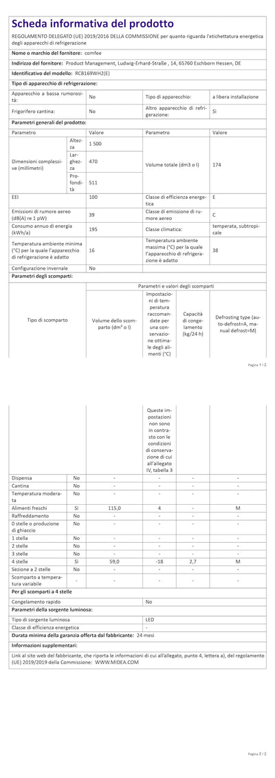 Comfee RCB169WH2(E) Kühl-/Gefrierkombination/150 cm Höhe/Low Frost/Einstellbare Kühlschranktemperatur/LED-Licht/195 kWh/Jahr/115L Kühlteil/59L Gefrierteil/Weiß