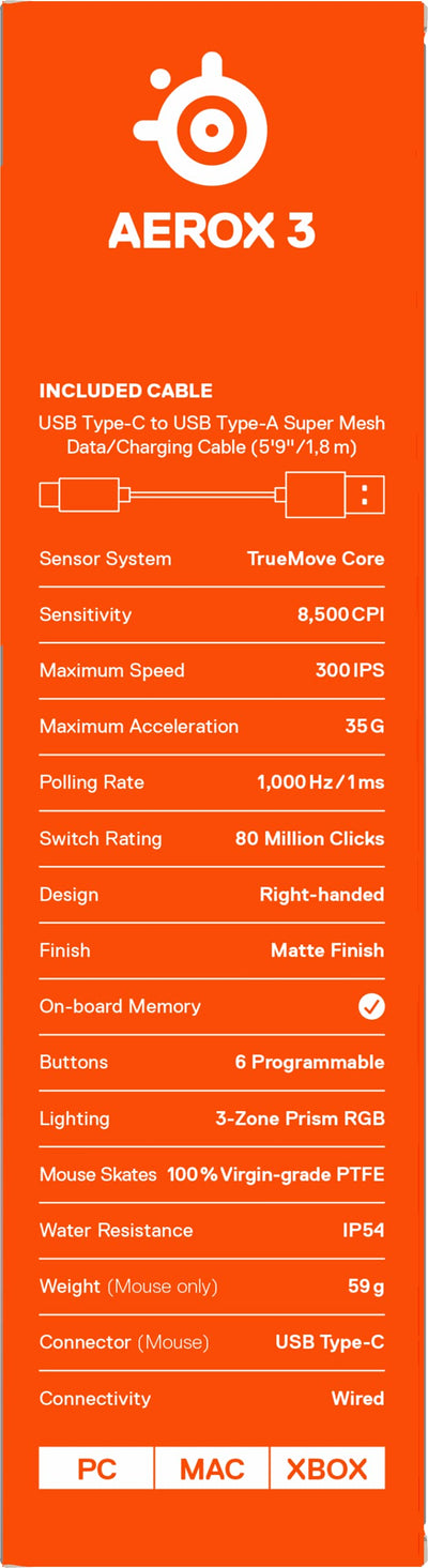 SteelSeries Aerox 3 - Superleichte Gaming-Maus - Optischer TrueMove Core Sensor mit 8.500 CPI - Ultraleichtes, wasserfestes Design - Schwarz