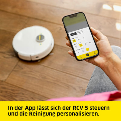 Kärcher Saugroboter RCV 5 mit Wischfunktion, App-Steuerung, LiDAR-Laser-Navigation, Dual-Laser und KI, Kartierung, Raum- und Hinderniserkennung, 5000 Pa, 120 min Laufzeit, für Hartböden und Teppiche