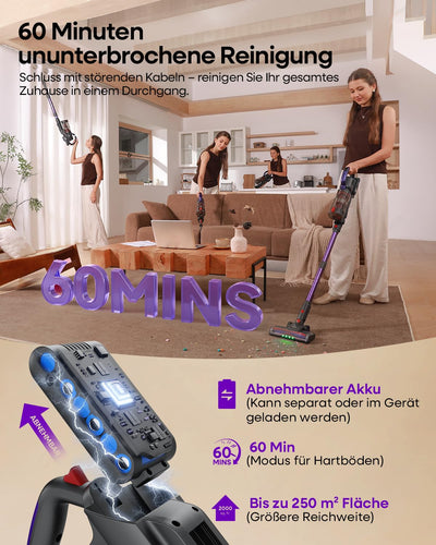 AlloyMove Akku Staubsauger Kabellos 45000Pa/450W/60Min, Leichter Staubsauger mit V-Anti-Tangle-Bürste mit LED-Licht, 65dB Ultra Leise, Selbststehend für Tierhaare Teppiche Hartböden A03