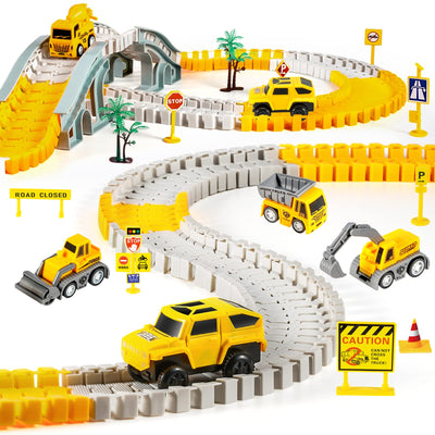 Kizplays 260pcs Autorennbahn Rennbahn 6 Cars Bagger Spielzeug ab Spielzeugautos Autobahn ab 3 4 5 6 Jahre Junge Mädchen,Flexible Track Kran Spiele, Elektroauto Cars Autorennbahn für Kinder Geschenk