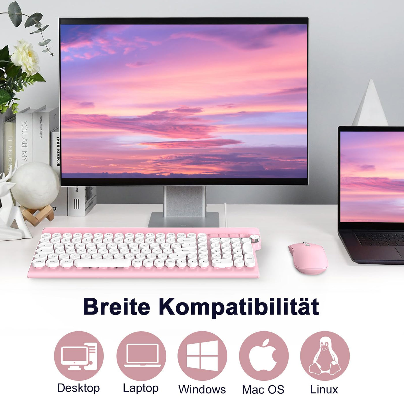 Tastatur Maus Set,RaceGT Tastatur Rosa Retro Schreibmaschine Tastatur Bunt Maus und Tastatur mit Handyhalterung Tastaturen Tastatur Kabel Keyboard für PC Mac Computer Laptop QWERTZ Deutsch