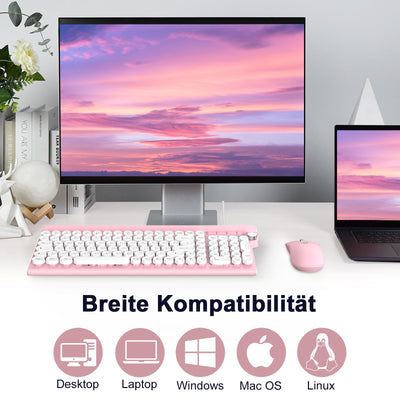 Tastatur Maus Set,RaceGT Tastatur Rosa Retro Schreibmaschine Tastatur Bunt Maus und Tastatur mit Handyhalterung Tastaturen Tastatur Kabel Keyboard für PC Mac Computer Laptop QWERTZ Deutsch