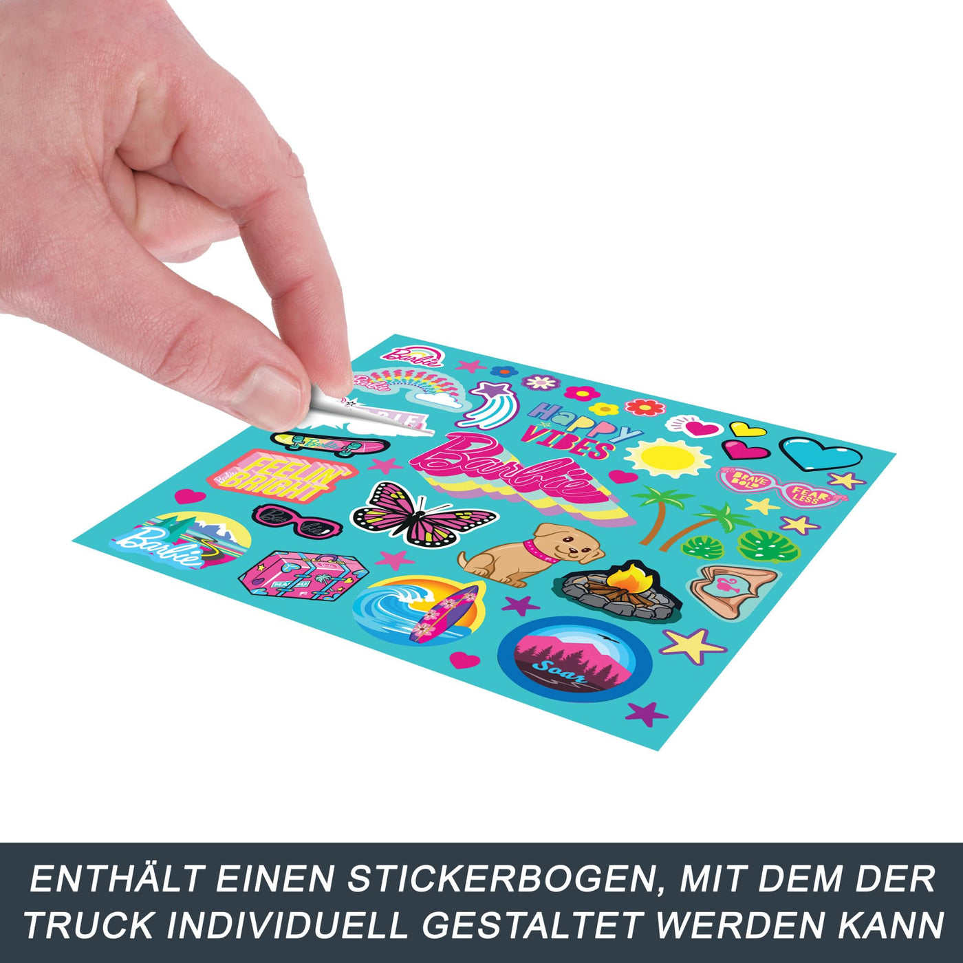 Hot Wheels Ferngesteuertes Auto, Barbie Ferngesteuerter SUV mit Aufklebern, kann 2 Barbie-Puppen Plus Zubehör aufnehmen, individuelle Gestaltung durch aufklebbare Sticker, HTP53