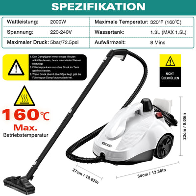KROQO Dampfreiniger,Mehrzweck-Dampfreiniger Handgerät,Dampfreiniger für alles mit 23-Zubehörteilen,Entfernen von Tapeten,Boden,Teppich,Sofa,Polstermöbel,Auto,Fliesen,Polster,Bad- 1.5L Steam Cleaner
