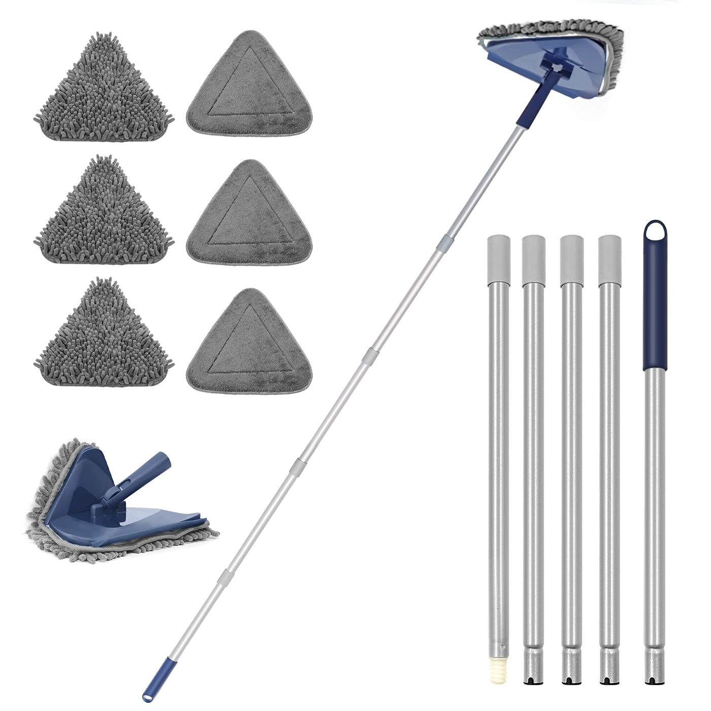 JEHONN Bodenwischer Wischmopp mit Langem Griff 200CM, 3-In-1 Wand Mop mit 6 Ersatz Mikrofaser Chenille Pads für Decke, Gemalte Wände, Fenster, Boden, Baseboard (Blau)
