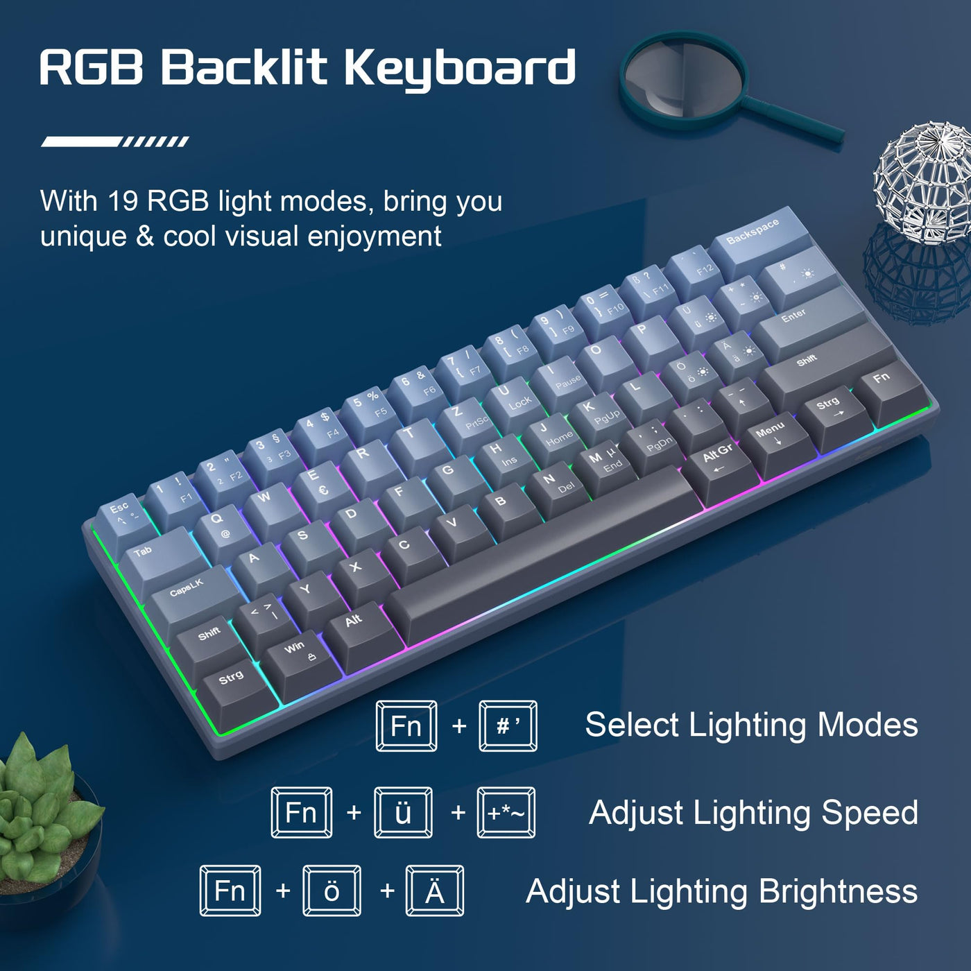 MageGee MK-STAR61 60% Mechanische Tastatur DE Layout, Hot-Swap-fähige kabelgebundene RGB-Gaming-Tastatur mit Farbstoff-Sublimationstastenkappen, vorgeölten Schaltern, Eva-Schaum für Mac/Win (blau)