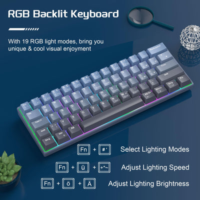 MageGee MK-STAR61 60% Mechanische Tastatur DE Layout, Hot-Swap-fähige kabelgebundene RGB-Gaming-Tastatur mit Farbstoff-Sublimationstastenkappen, vorgeölten Schaltern, Eva-Schaum für Mac/Win (blau)