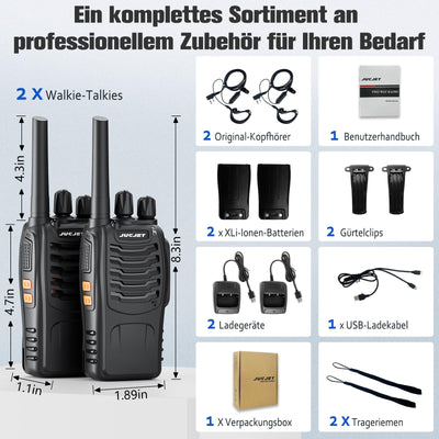 JUCJET 88E Walkie Talkie, Lizenzfrei PMR446 16 Kanäle Funkgeräte, Handfunkgerät Eingebauter LED Taschenlampe. 2-in-1 Type-C Charging Cable mit USB-Ladestation und Headset (Schwarz, 2 Stück)