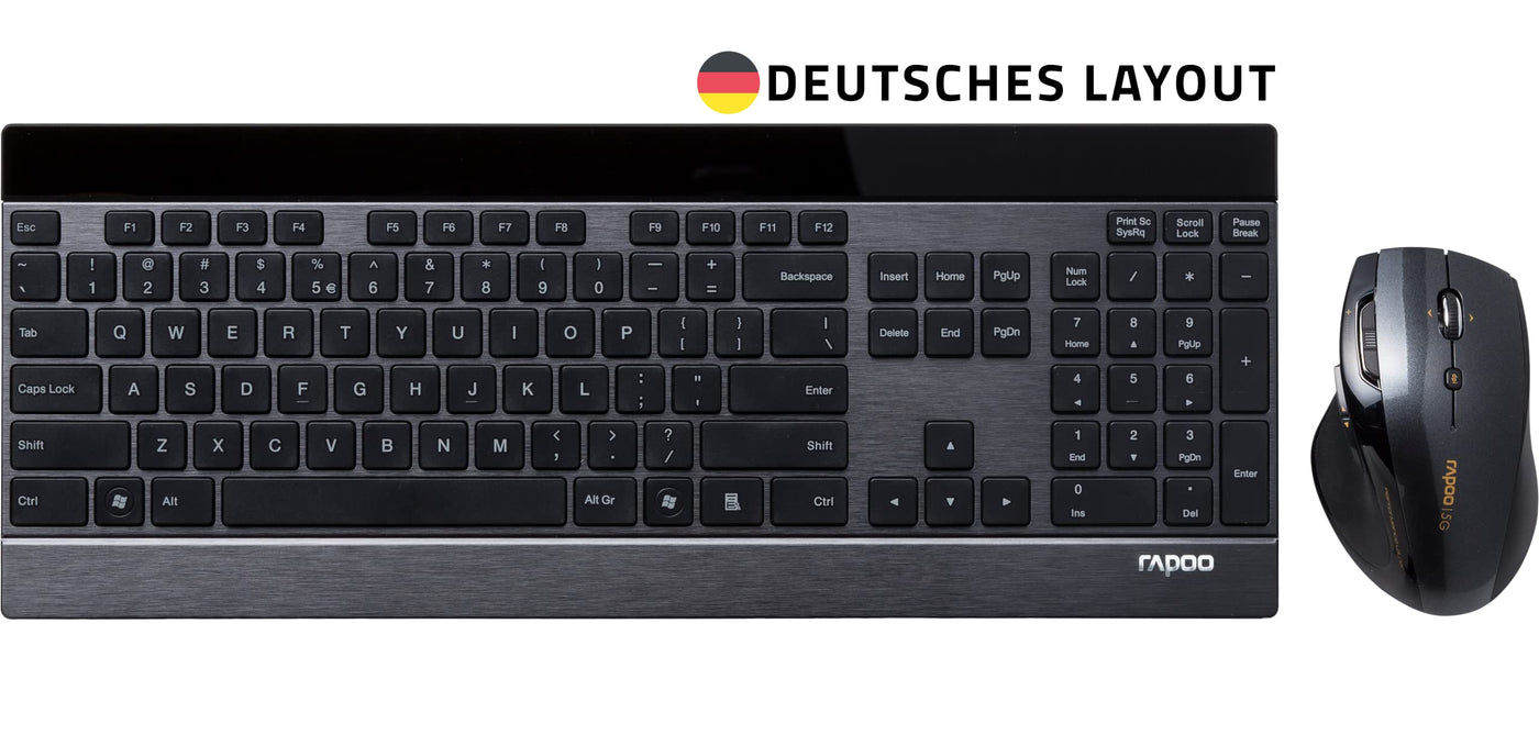 Rapoo 8900P kabelloses Tastatur-Maus Set Wireless Deskset 1600 DPI Laser Sensor 12 Monate Batterielaufzeit ergonomisch für Rechtshänder DE-Layout QWERTZ PC & Mac - schwarz