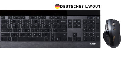 Rapoo 8900P kabelloses Tastatur-Maus Set Wireless Deskset 1600 DPI Laser Sensor 12 Monate Batterielaufzeit ergonomisch für Rechtshänder DE-Layout QWERTZ PC & Mac - schwarz
