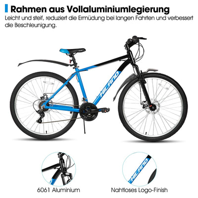 HILAND 26 Zoll Mountainbike 18 Gänge, Federgabel, Aluminiumrahmen Scheibenbremse für Männer Frauen, MTB Blau Fahrrad