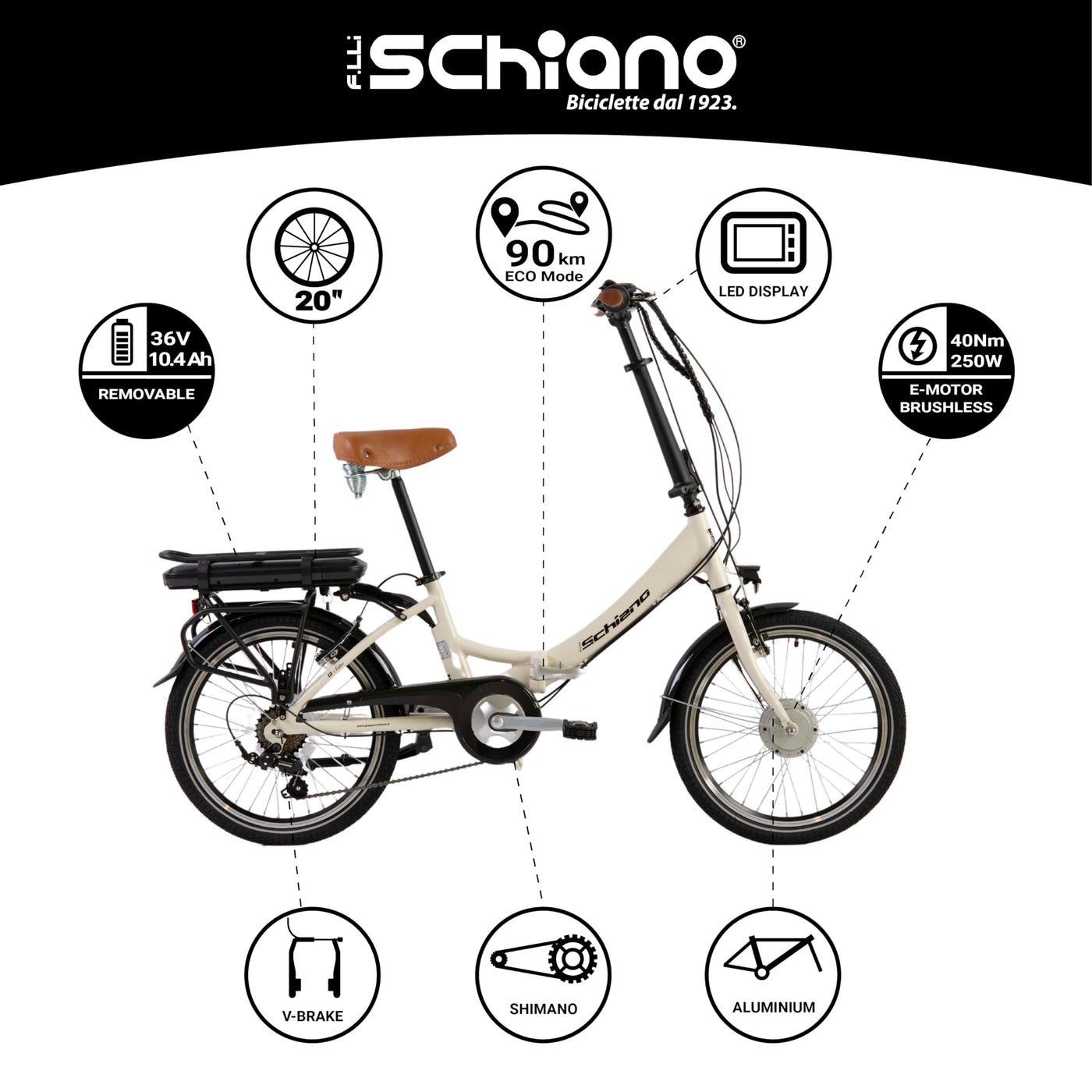 F.lli Schiano E-Star, E Bike Klappbar 20 Zoll, 36V 10.4Ah Abnehmbarer Akku, Motor 250W 40Nm, Klapprad Ebike für Herren/Damen, Antikweiß