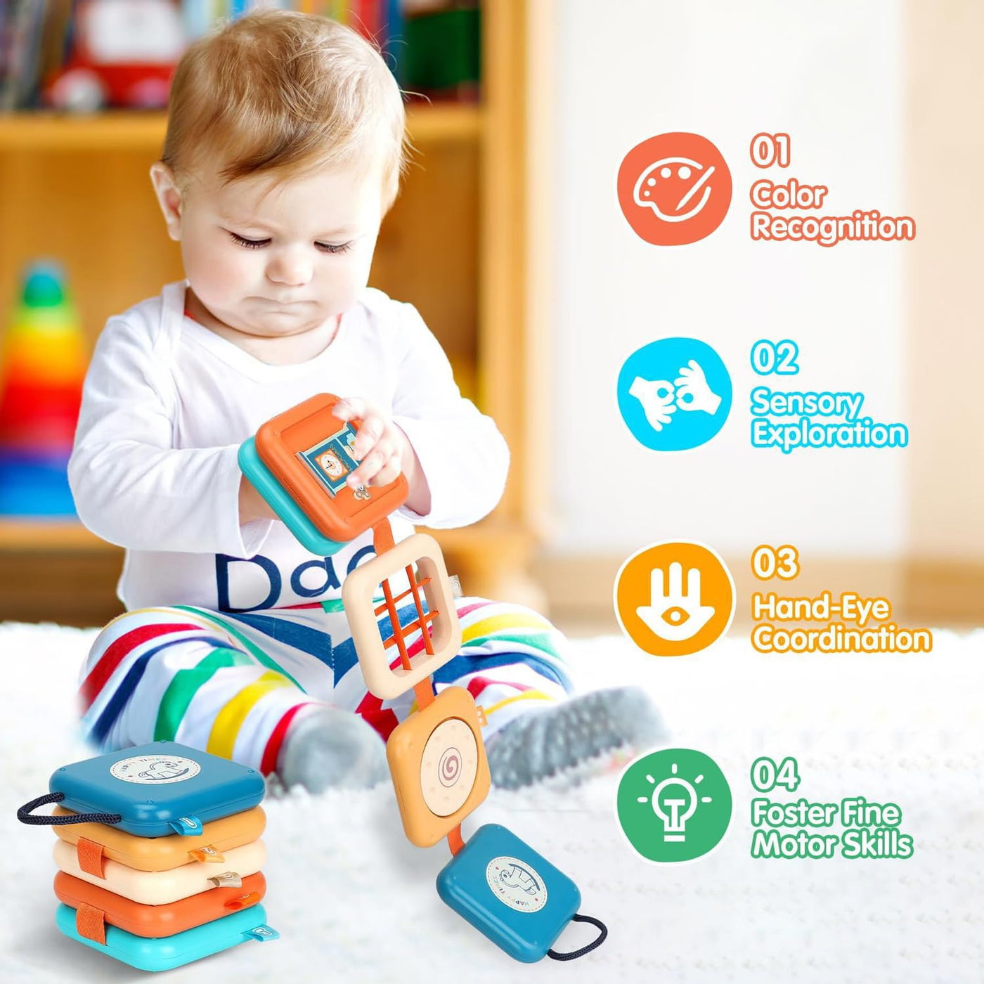 mobumeia Montessori Spielzeug ab 1 Jahr, Motorikwürfel, Busy Board ab 1 Jahr, Beschäftigung Im Flugzeug Kleinkind, Sensorik Spielzeug Baby, Geschenk für Kleinkinder Fördert Motorik und Kognition