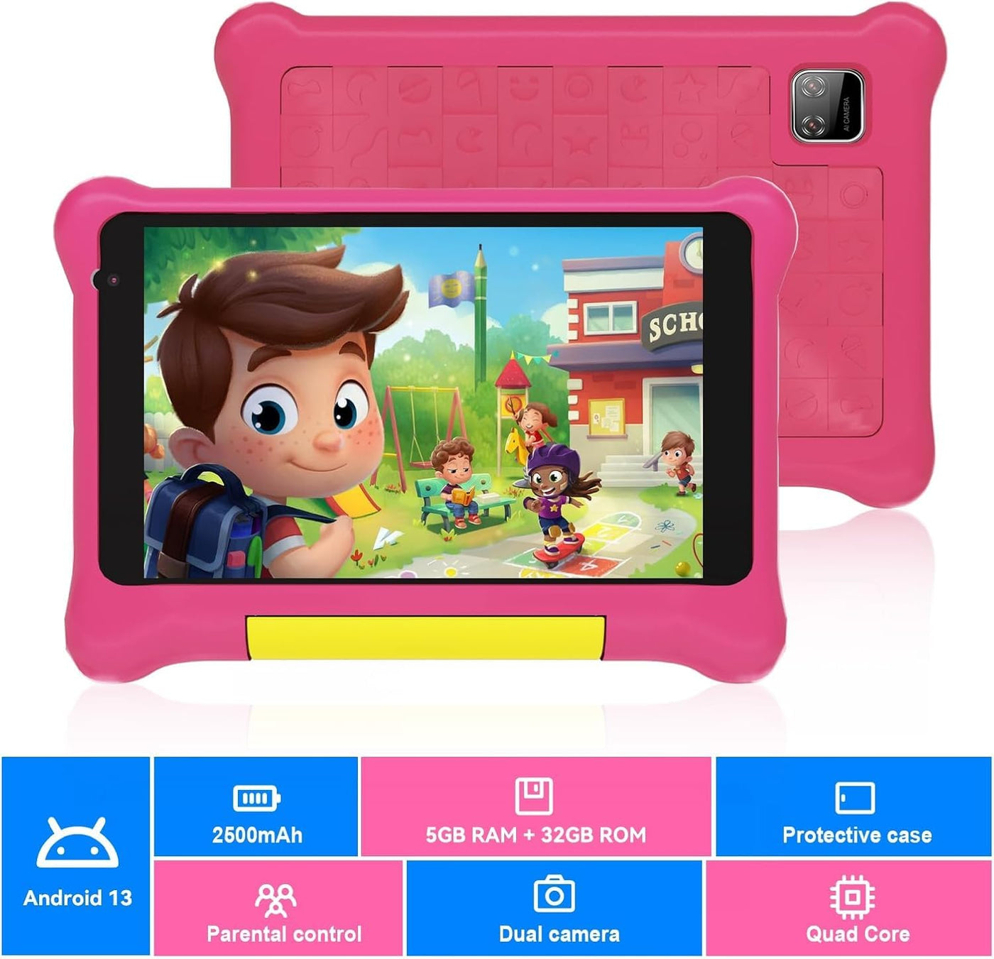 Yicty Kinder Tablet 7 Zoll Android Tablet für Kids 5GB RAM 32GB ROM Kindersicherung IPS HD Bluetooth WiFi Quad Core Dual-Kameras Children's Tablets PC mit Schutzhülle (Rosa)