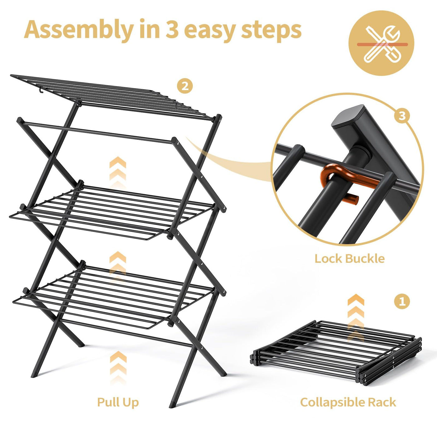 SYKIARIOL Klappbarer Wäscheständer - Mehrstöckiger, Faltbarer Wäschehänger aus Stahl für Großzügiges und Bequemes Trocknungserlebnis in Schwarz