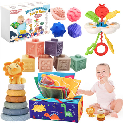 5 in 1 Baby Spielzeug ab 6 9 12 Monate, Montessori Spielzeug Baby, Motorikspielzeug, Stapelspielzeug Blöcken, Tissue Box, Quetsch Bälle Babyspielzeug ab 6 Monate,Geschenk Junge Mädchen 1 Jahr