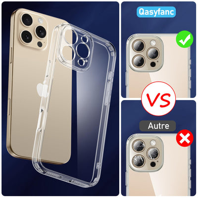 Qasyfanc Handyhülle Kompatibel mit iPhone 16 Pro Hülle mit Kameraschutz und 2 Stück Schutzfolie, Hard PC Nie Vergilbung Case Transparent Militärschutz Kratzfest Fallschutz Schutzhülle, Klar