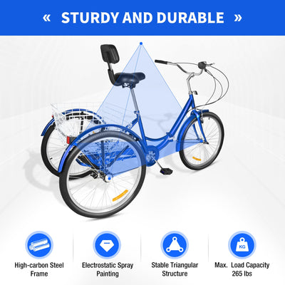 Taozhiyy 24 Zoll Dreirad Erwachsene, Faltbar 3 Rad Fahrrad, 7 Speed 3 Räder Cruise Bike mit Korb Rückenlehne, Trike Tricycle Scheibenbremse Belastung 120kg (Blau)
