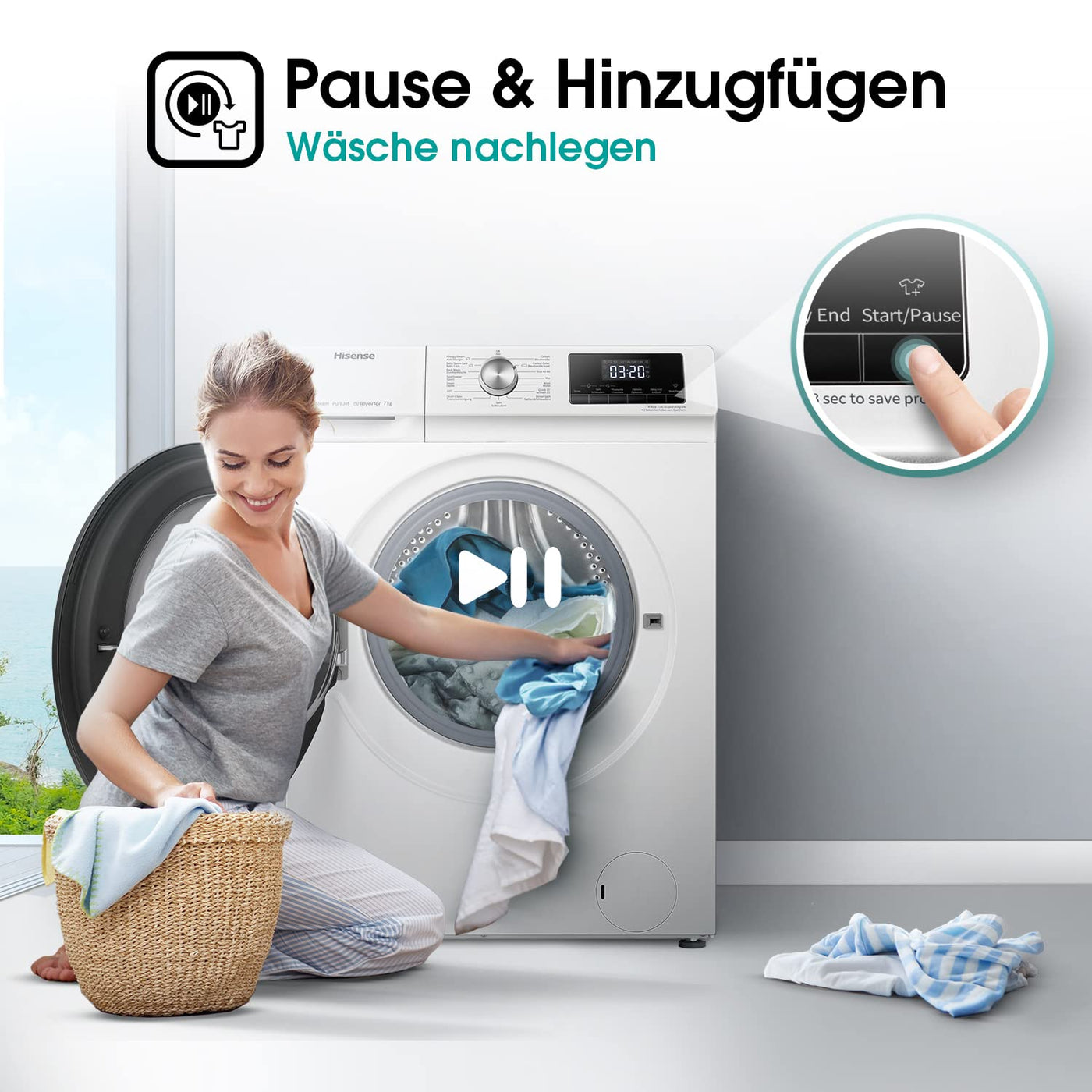 Hisense WFQA7014EVJM Waschmaschine mit Dampffunktion/ 7 kg /AquaStop/ 1400 U/min /15 Programme/ Inverter PowerDrive Motor/Edelstahltrommel/Kindersicherung/Trommelreinigung/Weiß