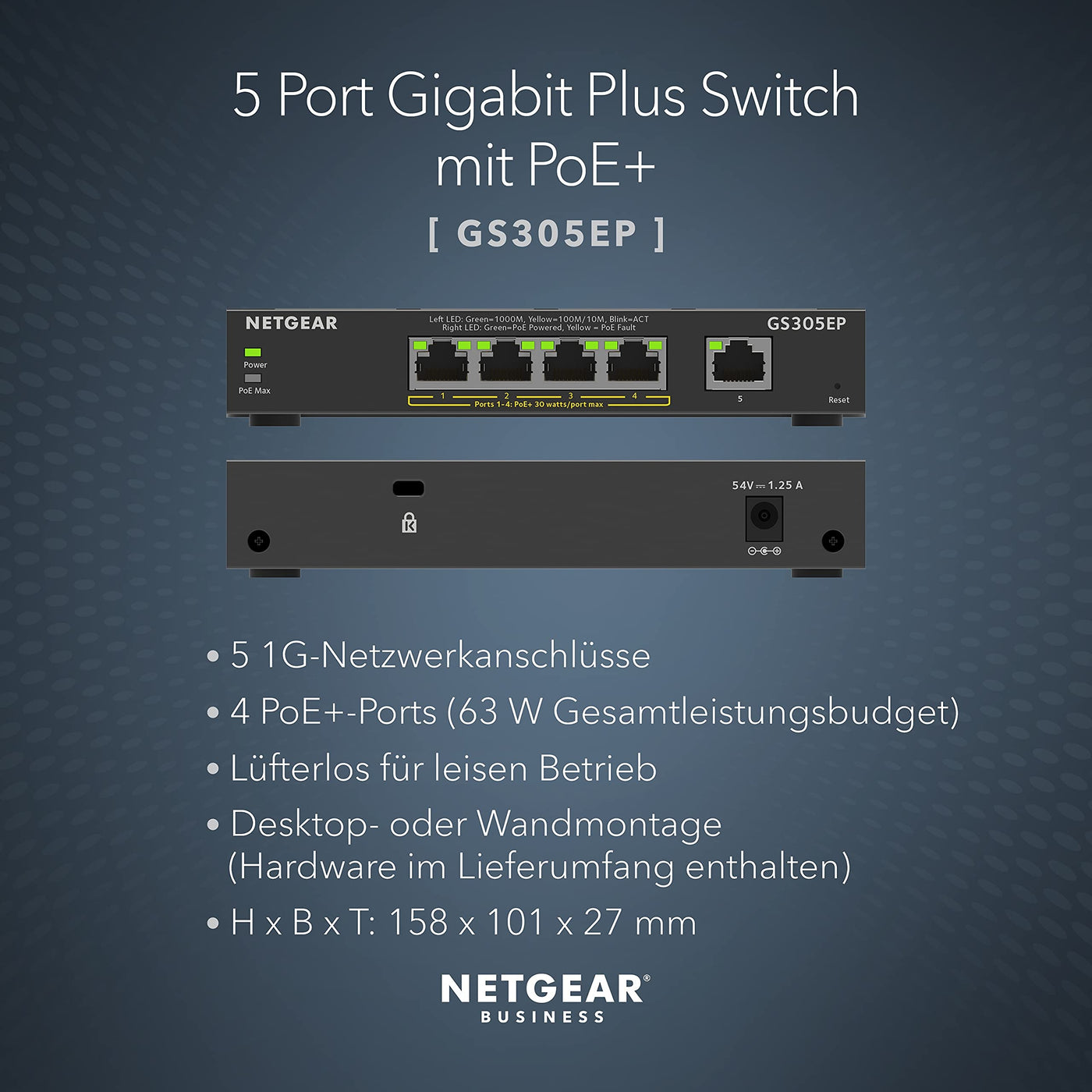 NETGEAR GS305EP PoE Switch 4 Port Gigabit Ethernet LAN Switch PoE+ 63W Plus (5 Ports Plug-and-Play, Managed Netzwerk Switch PoE, IGMP Snooping, QoS, VLAN, Lüfterloses Metallgehäuse)