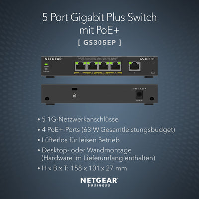 NETGEAR GS305EP PoE Switch 4 Port Gigabit Ethernet LAN Switch PoE+ 63W Plus (5 Ports Plug-and-Play, Managed Netzwerk Switch PoE, IGMP Snooping, QoS, VLAN, Lüfterloses Metallgehäuse)