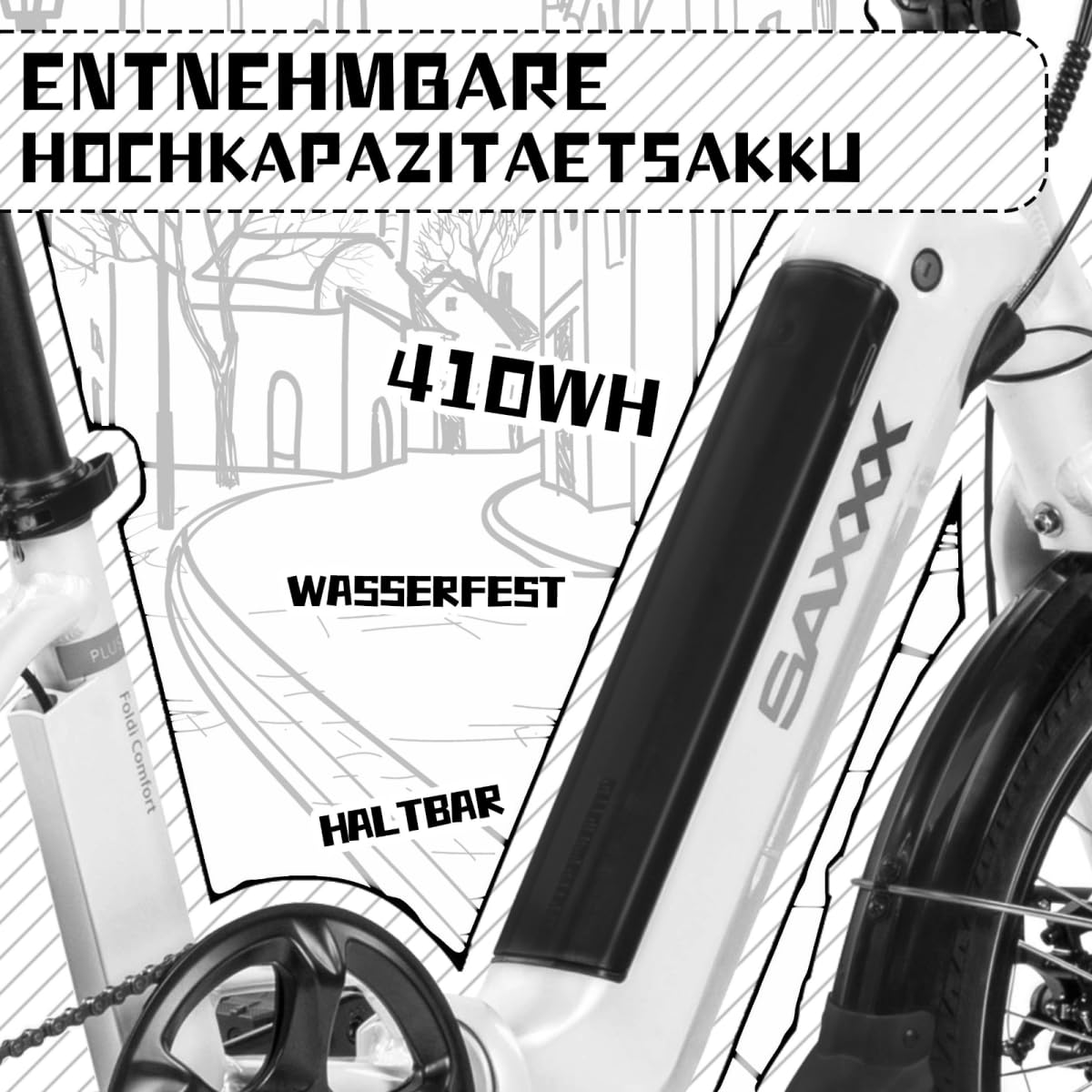 SAXXX E Bike Klapprad 20 Zoll mit 36V 11.4Ah Akku, E Fahrrad Herren mit 7 Gang Kettenschaltung, Elektro Klapprad mit Scheibenbremsen 90KM Lange Range, Elektrofahrrad Pedelec 25 km/h für Herren Damen