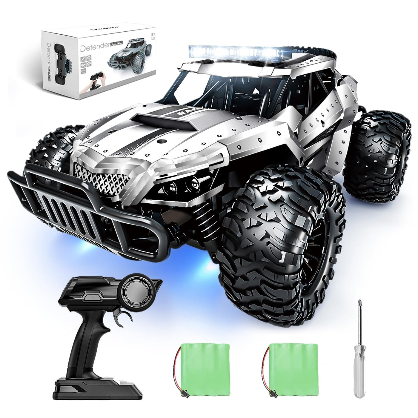 Tecnock Ferngesteuertes Auto 1:16 mit Scheinwerfer und Fahrgestellbeleuchtung, All Terrain Off Road RC Monstertruck 2,4GHz Spielzeug, 2 Akku für 60 Min. Laufzeit - Geschenk für Erwachsene Kinder