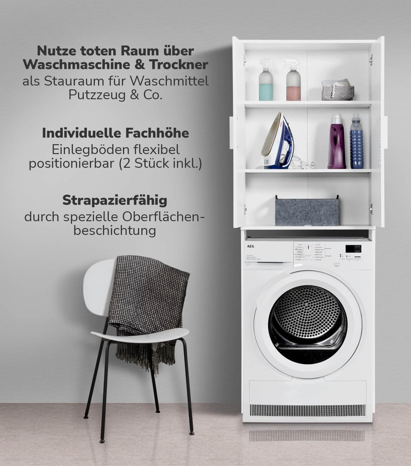 mokebo® Waschmaschinenschrank für Waschmaschinen & Trockner 'Der Saubermann', Überbau oder Überbauschrank mit Türen in Weiß aus Holz, auch als Toilettenregal oder WC-Regal in 65x180x34cm (B/H/T)