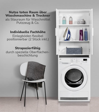mokebo® Waschmaschinenschrank für Waschmaschinen & Trockner 'Der Saubermann', Überbau oder Überbauschrank mit Türen in Weiß aus Holz, auch als Toilettenregal oder WC-Regal in 65x180x34cm (B/H/T)