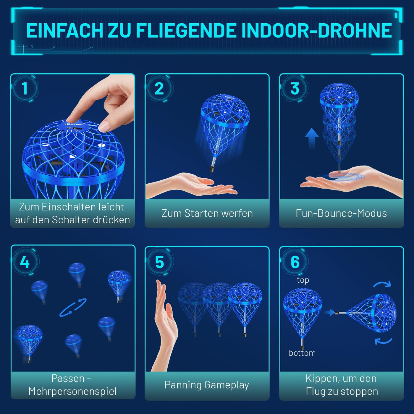 Fliegender Ball Spielzeug, 360° handgesteuerte Mini-Drohne für Kinder Spielzeug ab 6-12 Jahren, Droleapfly Magic Hover Ball mit Hüpfmodus, Flugzeug Drone Geschenke für Jungen