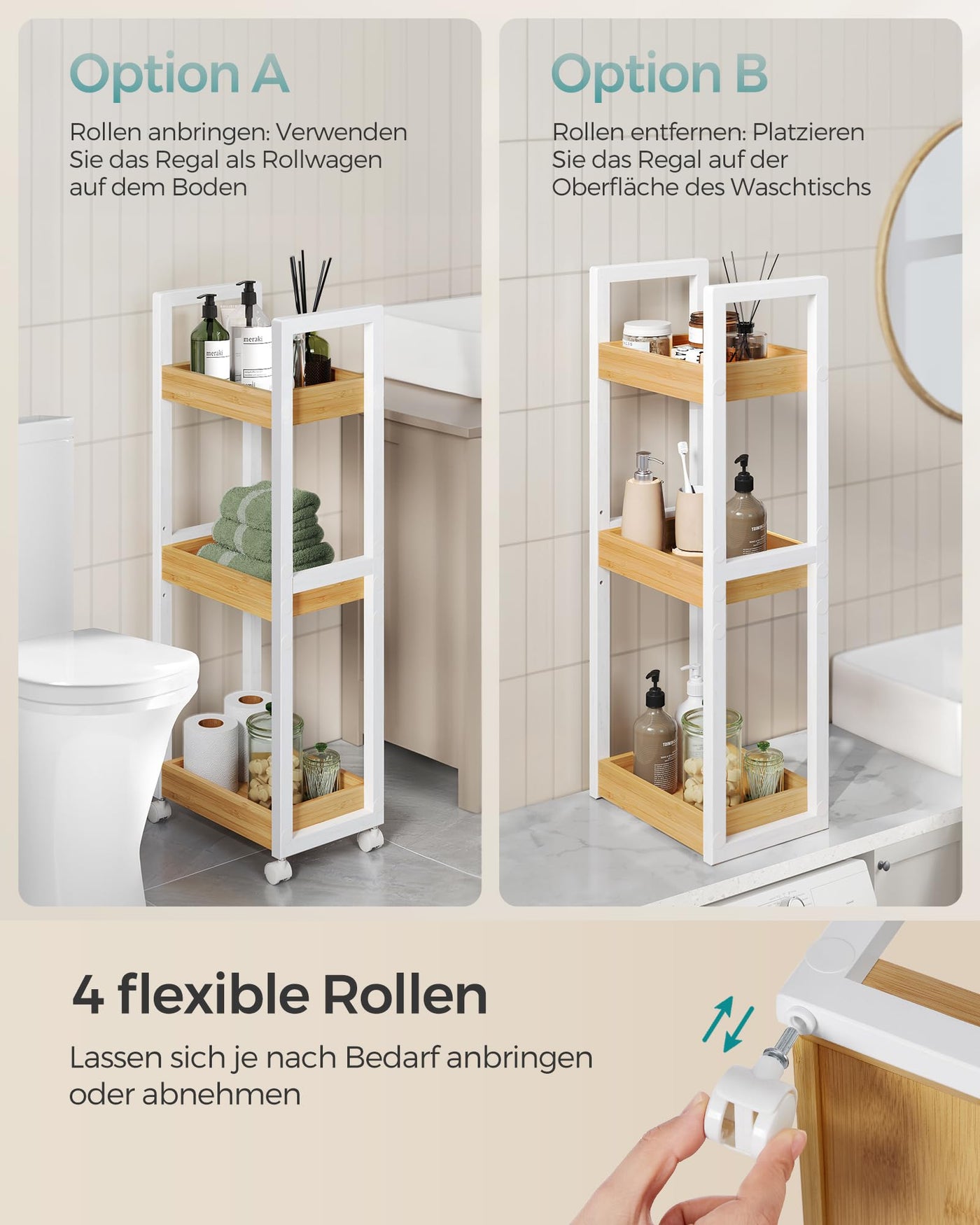 SONGMICS Rollwagen, Badregal, Badezimmerregal mit 3 Ebenen, Nischenregal Bambus, Regal schmal, Nischenwagen auf Rollen, platzsparend, 20 x 30 x 80 cm, weiß-naturfarben BCB083N02