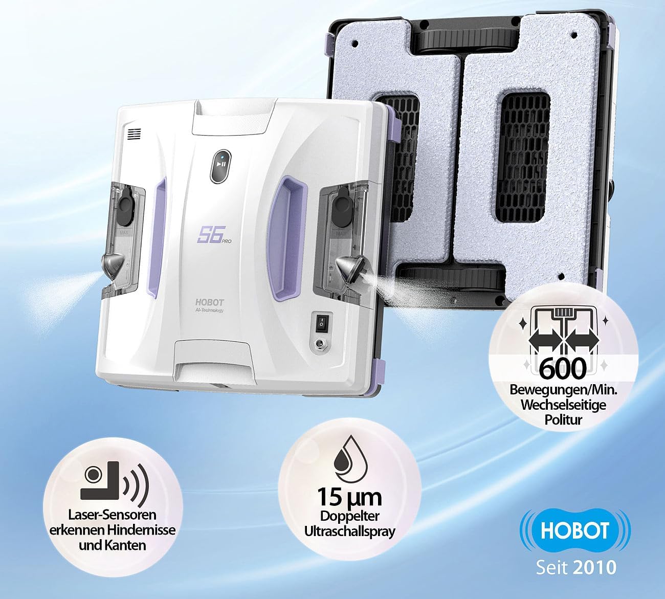 Sichler Exclusive Fensterputz-Roboter Akku: HOBOT S6 Pro Profi-Fensterputz-Roboter, Versandrückläufer (Fensterputz-Roboter Sprüh, Fensterputzroboter, Scheibenwischer)