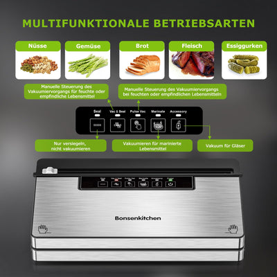 Bonsenkitchen Vakuumierer, Stark Vakuumiergerät mit 5 Modi, 8 L/Min, Globefish-Technologie für Kontinuierliches Arbeiten mit Hoher Geschwindigkeit, Enthält 100 Vakuumbeutel und 1 Rollbeutel