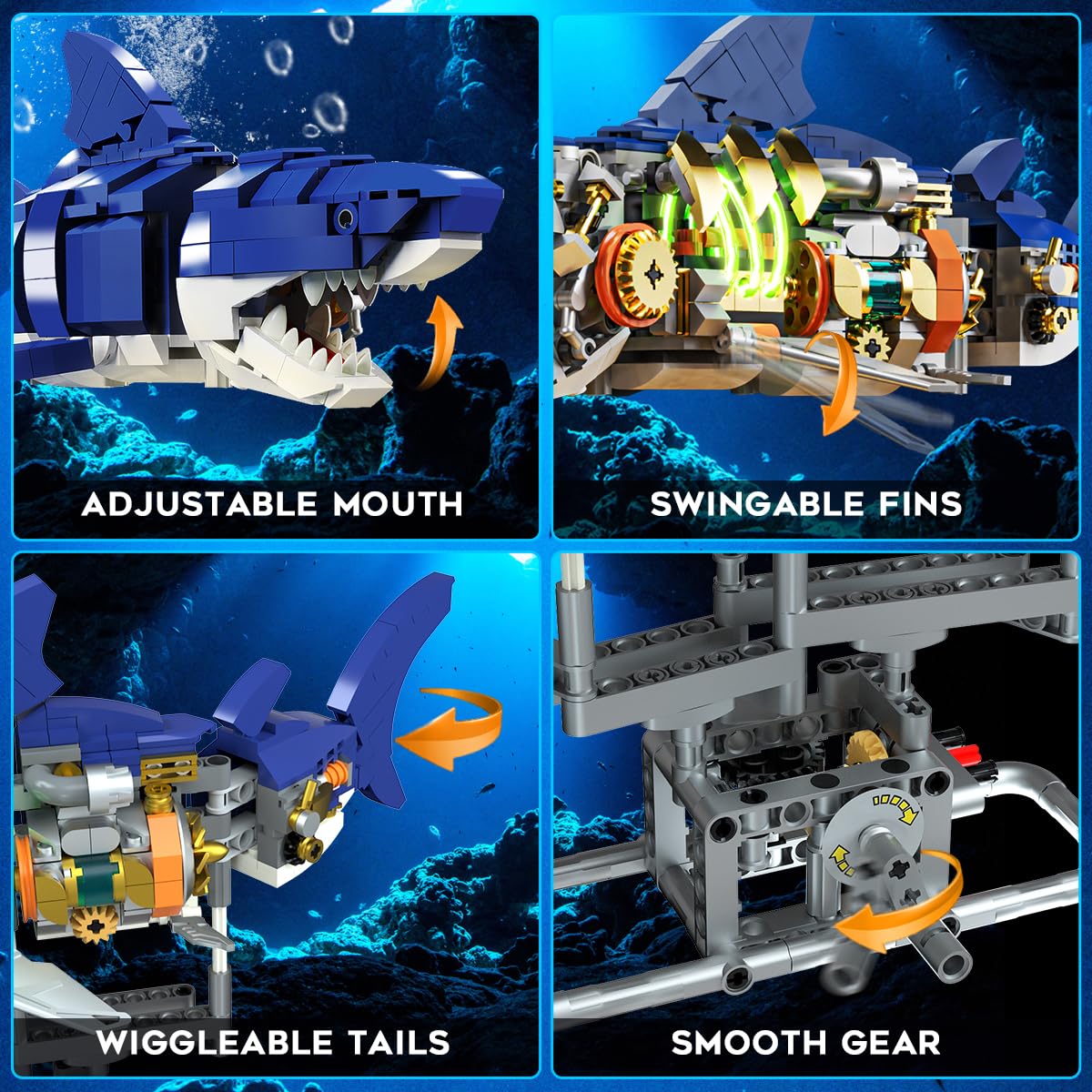 INSOON Technik Hai Bauspielzeug mit Schwenkbarem Körper & Licht, 687 Stück Meerestier Bausteine Modell mit Ständer, Kreative Haispielset Geschenkidee für Erwachsene Kinder Jungen ab 12 Jahren
