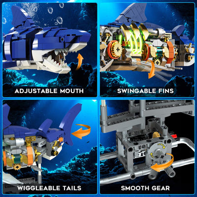 INSOON Technik Hai Bauspielzeug mit Schwenkbarem Körper & Licht, 687 Stück Meerestier Bausteine Modell mit Ständer, Kreative Haispielset Geschenkidee für Erwachsene Kinder Jungen ab 12 Jahren
