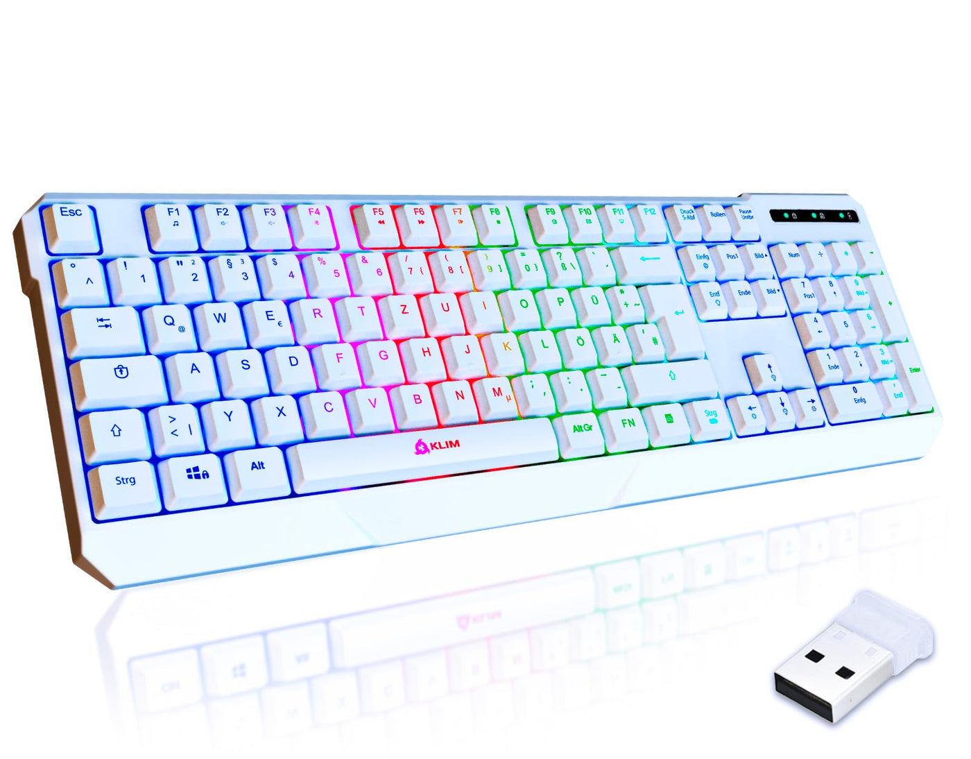 KLIM Chroma Wireless Gaming Tastatur Kabellos QWERTZ DEUTSCH - NEU 2024 - Langlebig, Ergonomisch, Wasserdicht, Leise - RGB Kabellose Tastatur Gaming für PC PS4 PS5 Mac - Weiß